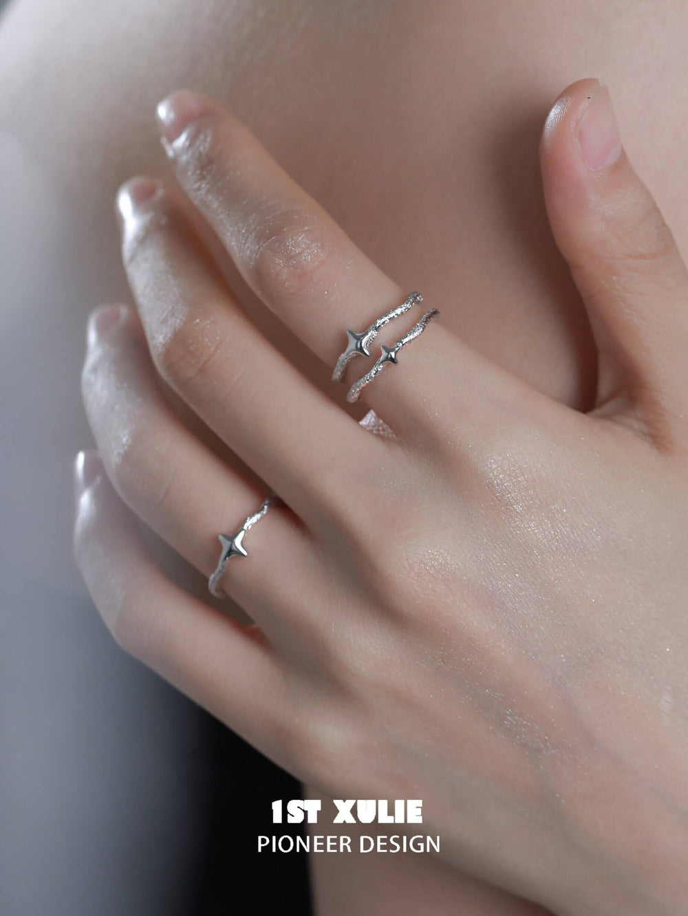 1ST XULIE "Silver Angel" Minimalist Stacking Adjustable Ring in 925 Sterling Silver - Variant A On Model