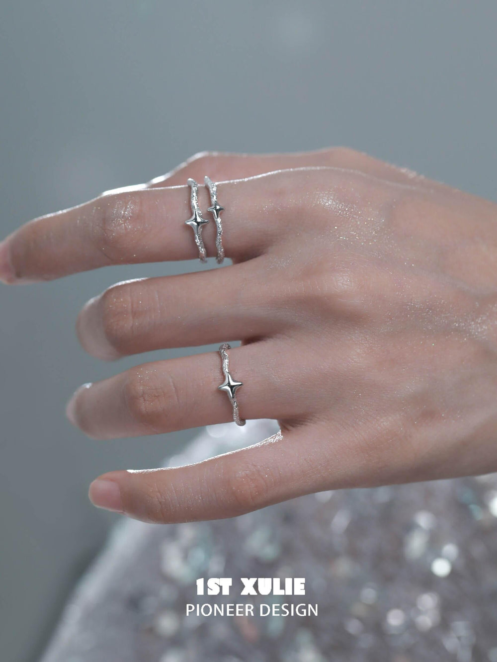 1ST XULIE "Silver Angel" Minimalist Stacking Adjustable Ring in 925 Sterling Silver - Stacked On Model