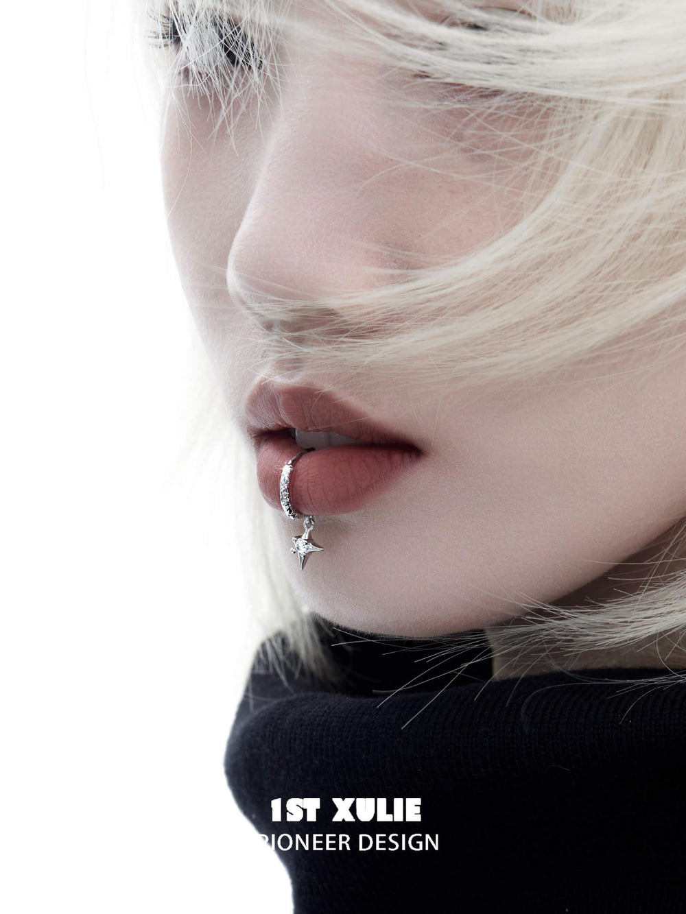 1ST XULIE "Silver Angel" Minimalist Angel Lip Cuff in 925 Sterling Silver - On Model