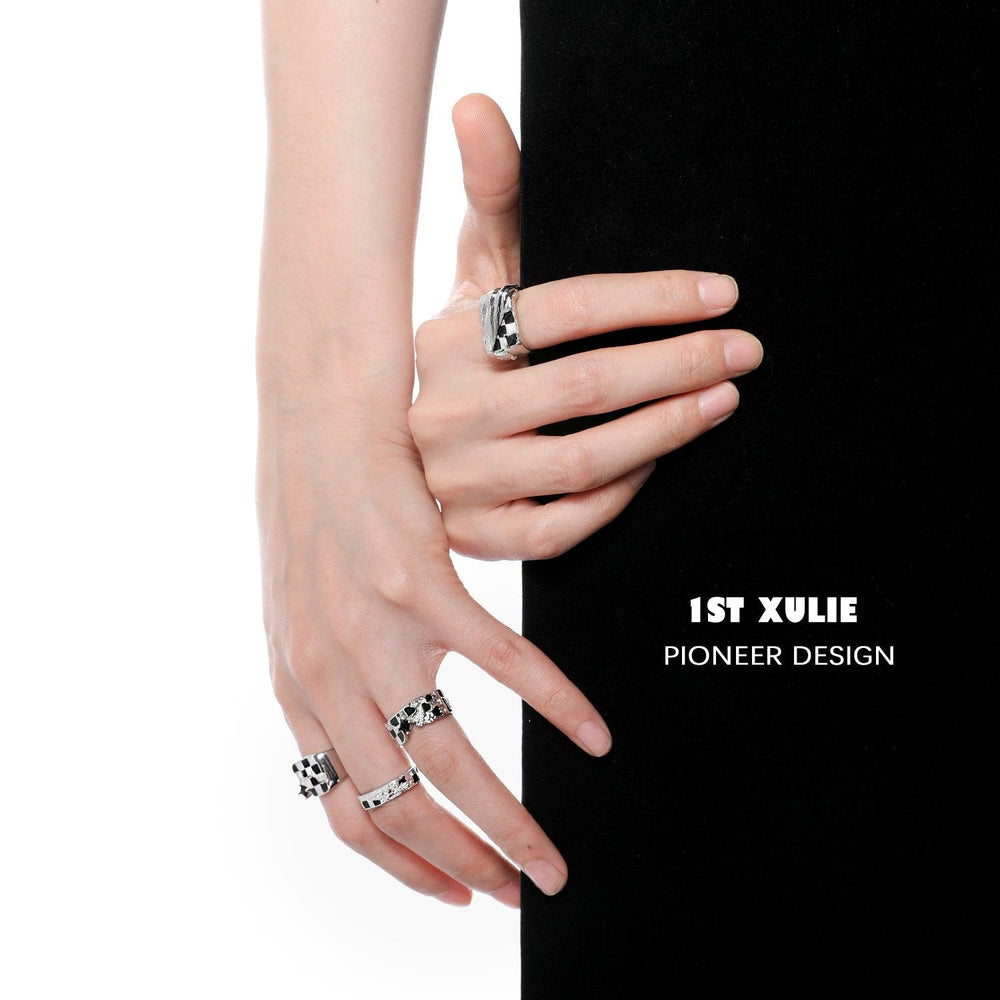 1ST XULIE "Checkerboard" Minimalist Checkerboard Band Ring in 925 Sterling Silver - Lifestyle Shot
