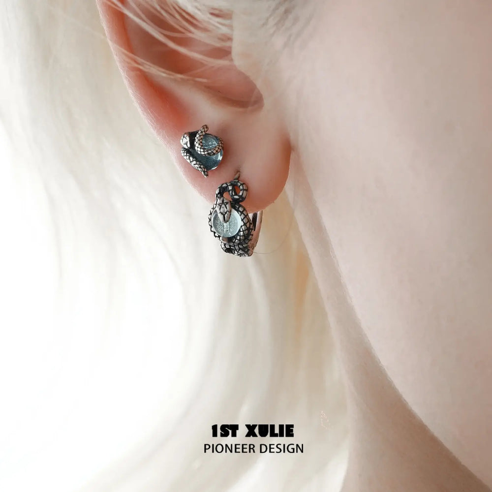 1ST XULIE "Snake Bite" Minimalist Crystal Ball Stud Earrings in 925 Sterling Silver - Detail Shot