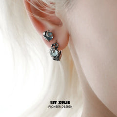 1ST XULIE "Snake Bite" Minimalist Crystal Ball Stud Earrings in 925 Sterling Silver - Detail Shot