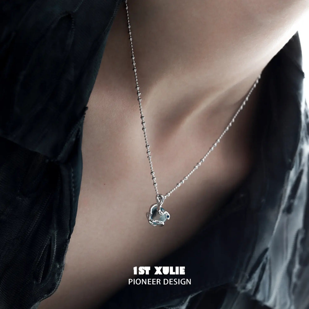 1ST XULIE "Snake Bite" Minimalist Energy Crystal Pendant Necklace in 925 Sterling Silver - On Model