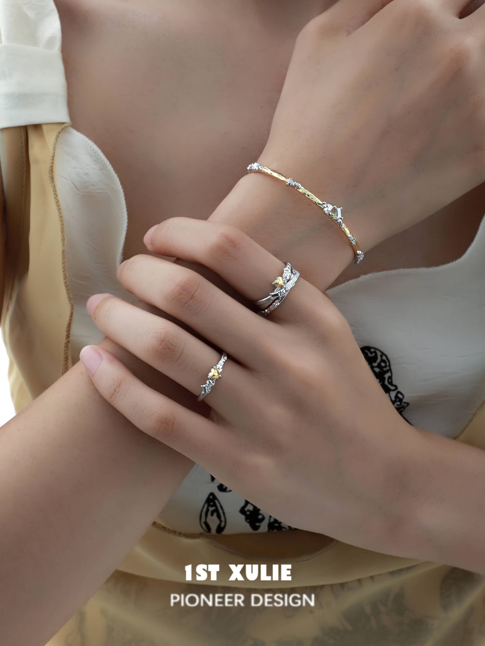 1ST XULIE "Immortal Lover" Minimalist Golden Heart Adjustable Ring in 925 Sterling Silver - On Model