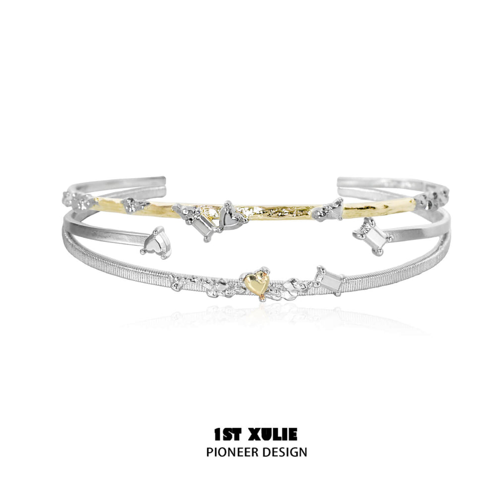 1ST XULIE "Immortal Lover" Minimalist Golden Heart Bangle Bracelet in 18K Gold Plated - On Model
