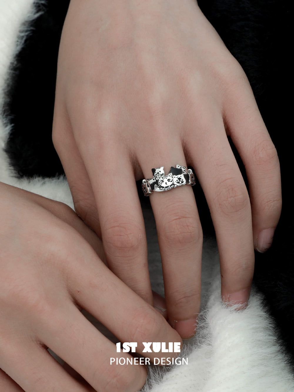 1ST XULIE "Graffiti Kitten" 925 Sterling Silver Minimalist Adjustable Statement Ring - Side View