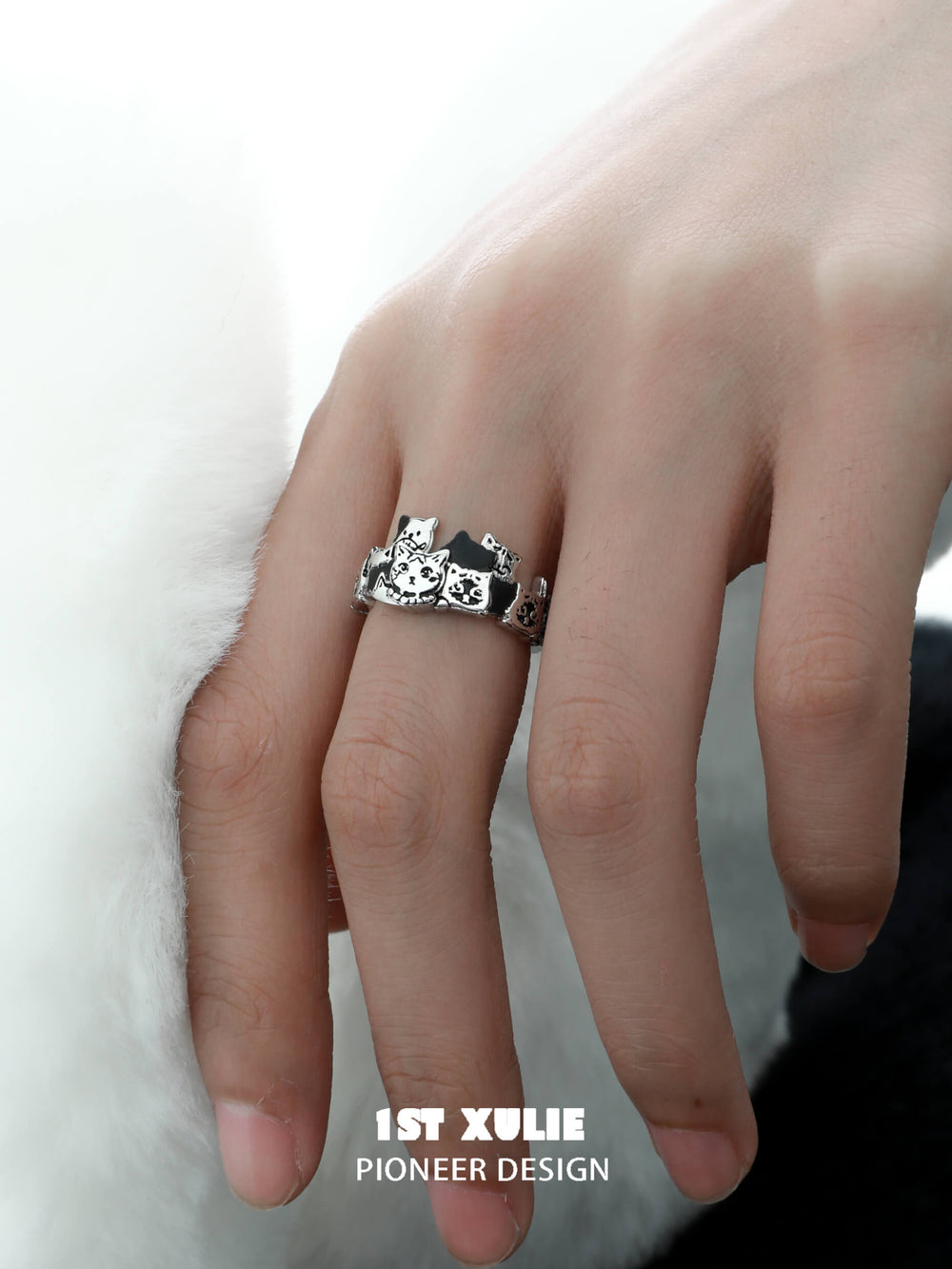 1ST XULIE "Graffiti Kitten" 925 Sterling Silver Minimalist Adjustable Statement Ring - Lifestyle Shot