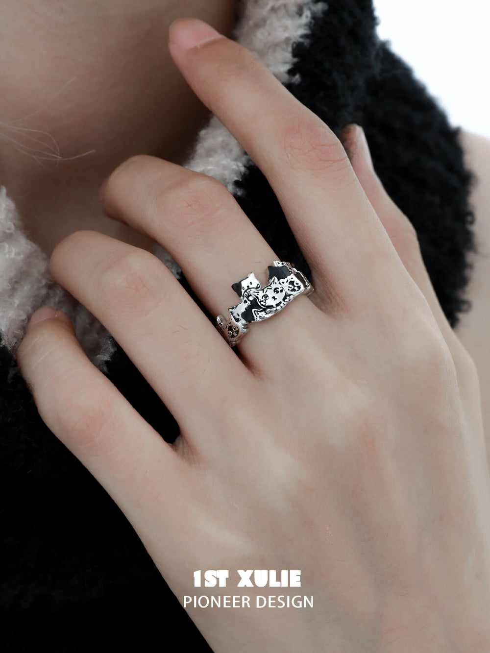 1ST XULIE "Graffiti Kitten" 925 Sterling Silver Minimalist Adjustable Statement Ring - On Model