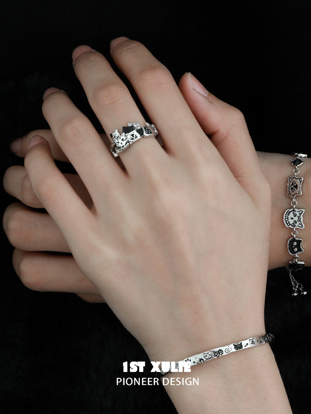 1ST XULIE "Graffiti Kitten" 925 Sterling Silver Minimalist Adjustable Statement Ring - On Model Close-Up