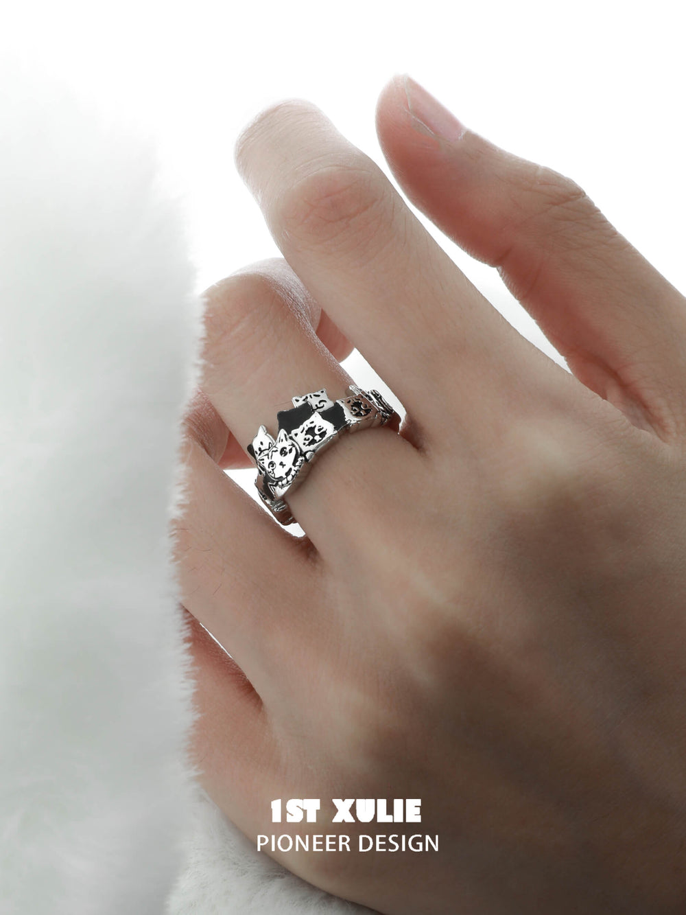 1ST XULIE "Graffiti Kitten" 925 Sterling Silver Minimalist Adjustable Statement Ring - Product View on Hand