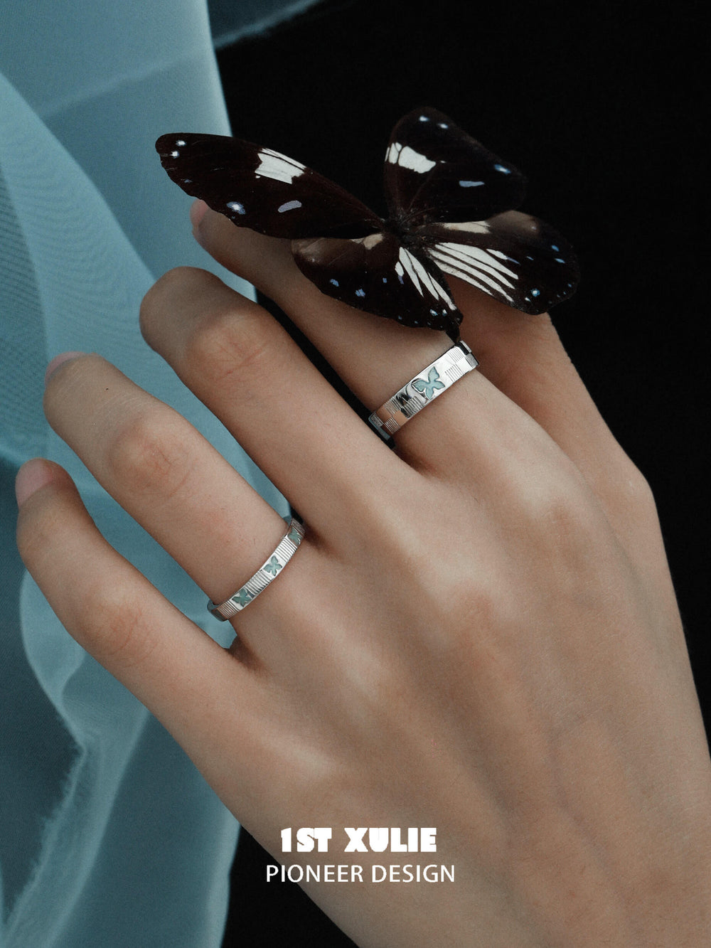 1ST XULIE "Whiterfly" Minimalist Stacking Logo Band Ring in 925 Sterling Silver - Side View