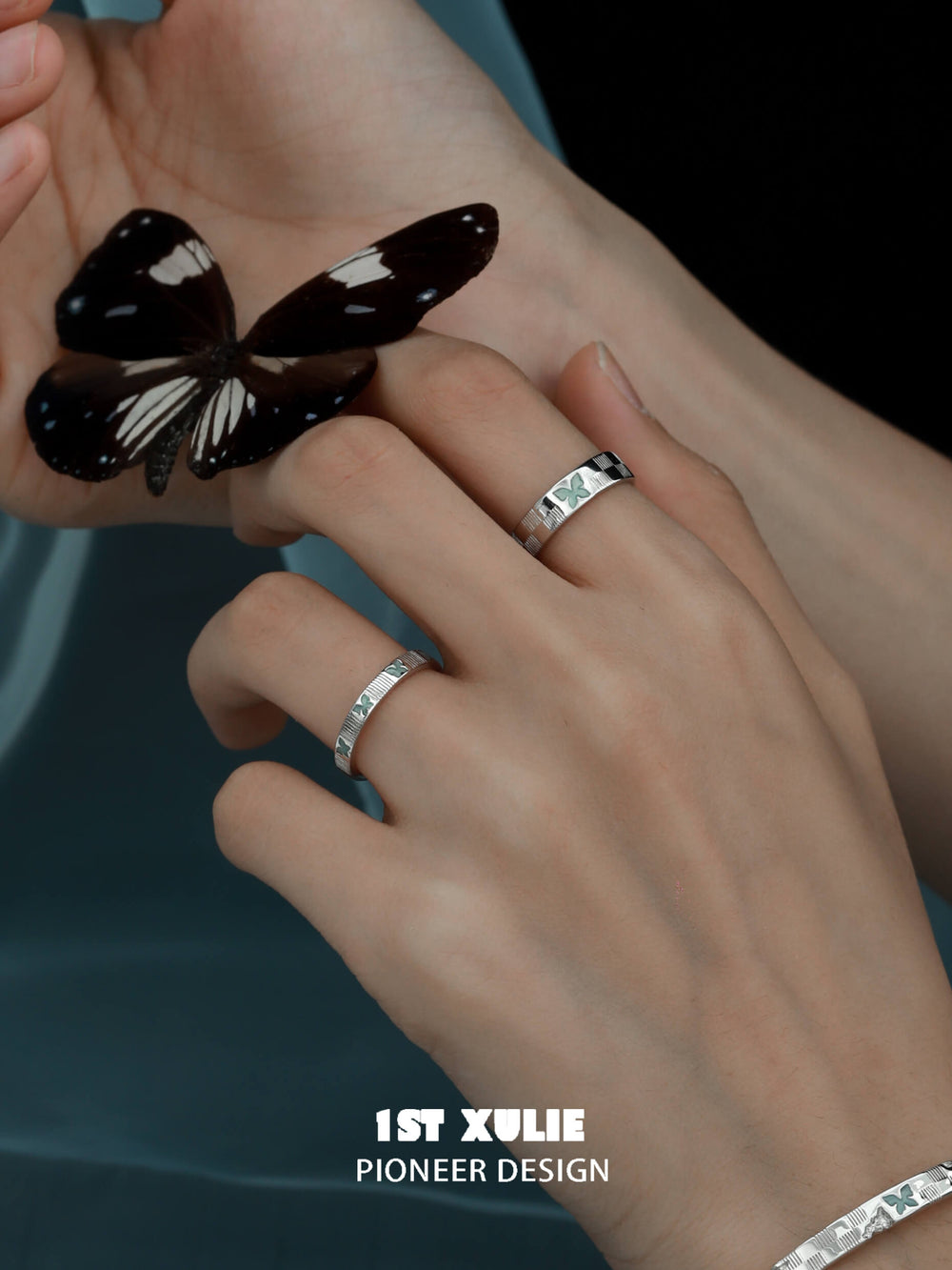 1ST XULIE "Whiterfly" Minimalist Stacking Logo Band Ring in 925 Sterling Silver - Lifestyle Shot
