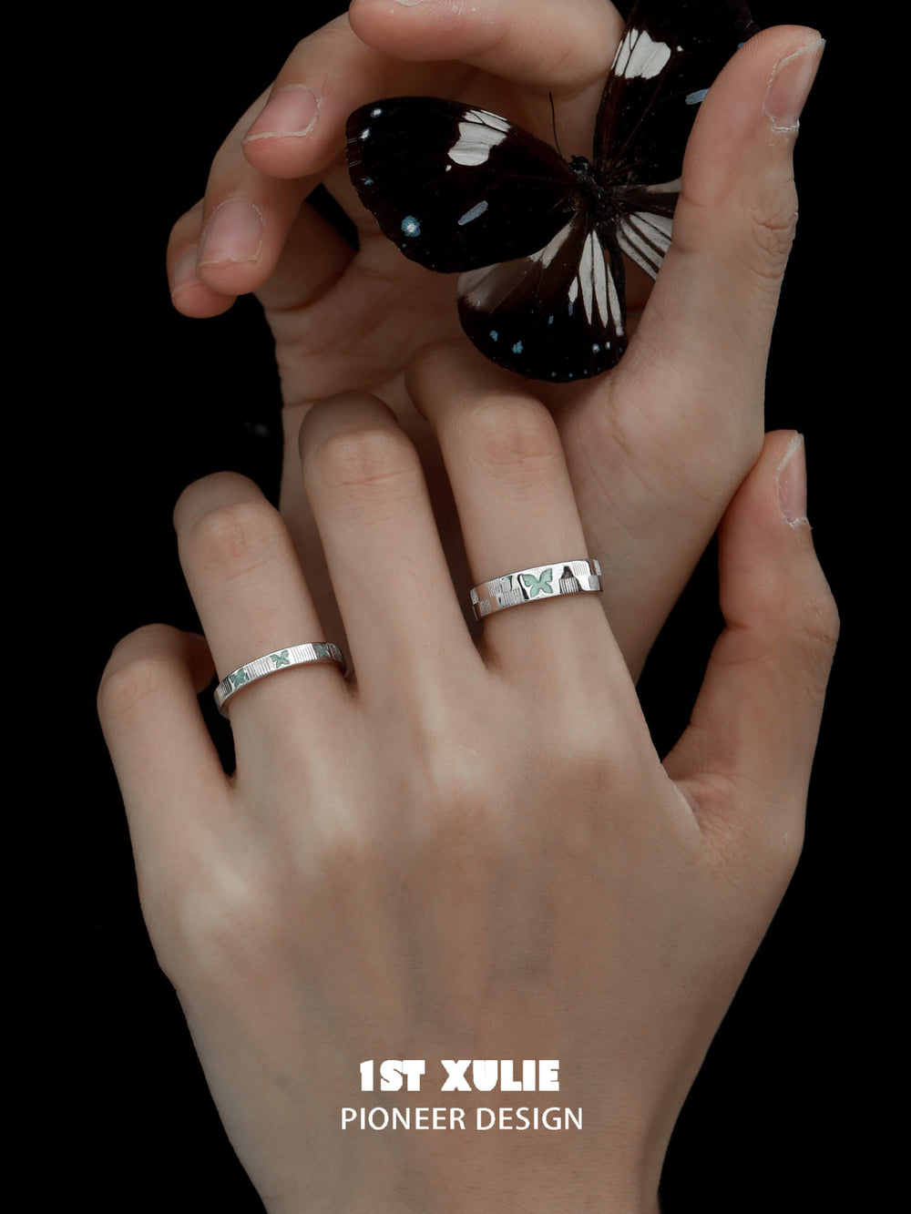 1ST XULIE "Whiterfly" Minimalist Stacking Logo Band Ring in 925 Sterling Silver - Product View