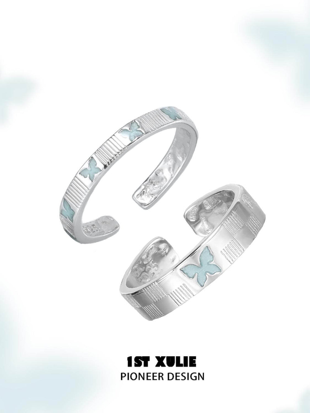 1ST XULIE "Whiterfly" Minimalist Stacking Logo Band Ring in 925 Sterling Silver - On Model