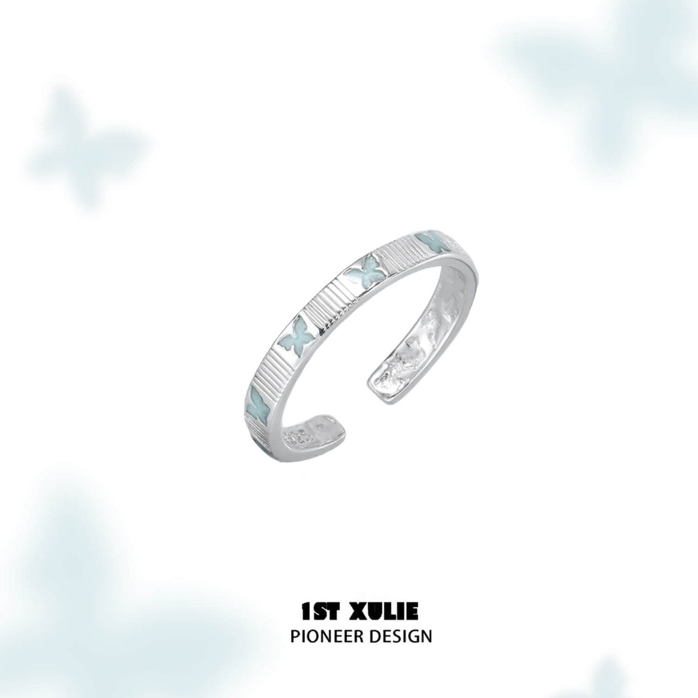 1ST XULIE "Whiterfly" Minimalist Stacking Logo Band Ring in 925 Sterling Silver - Product View on Display