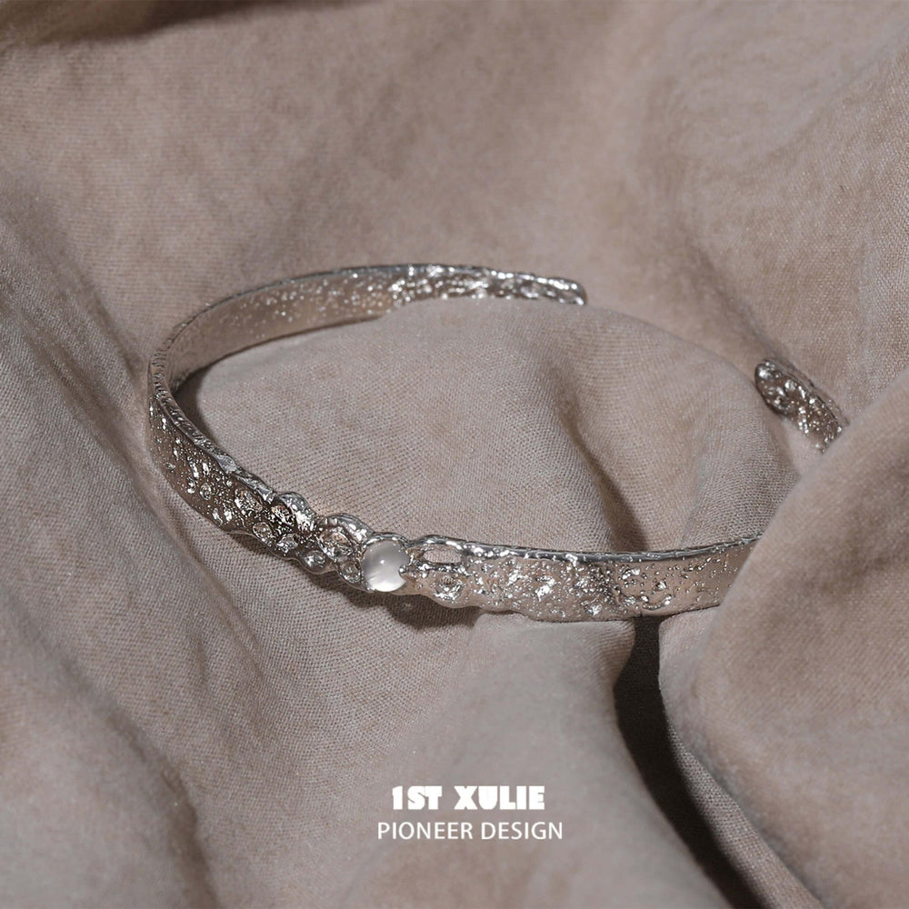 1ST XULIE "Daybreak" Minimalist White Agate Bangle Bracelet in 925 Sterling Silver - Product View