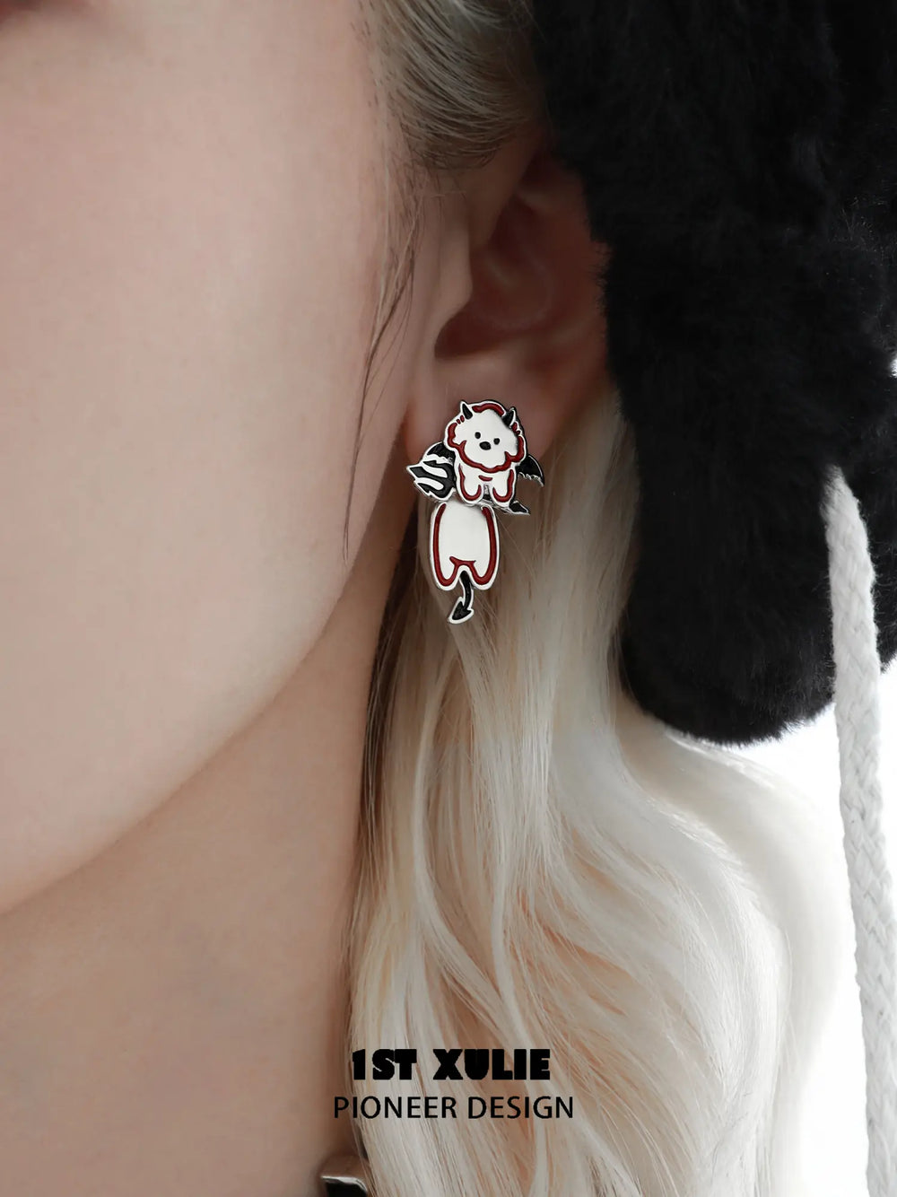 1ST XULIE Jewelry "DEMON CUTIES" Mismatched Devil Pet Studs in Platinum Plated - Angle View 1