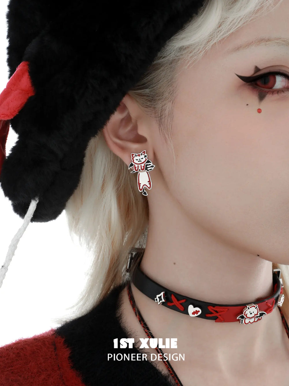 1ST XULIE Jewelry "DEMON CUTIES" Mismatched Devil Pet Studs in Platinum Plated - Lifestyle Shot