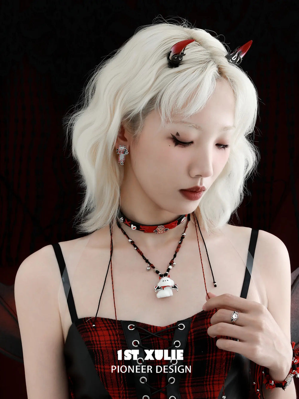 1ST XULIE Jewelry "DEMON CUTIES" Mismatched Devil Pet Studs in Platinum Plated - On Model
