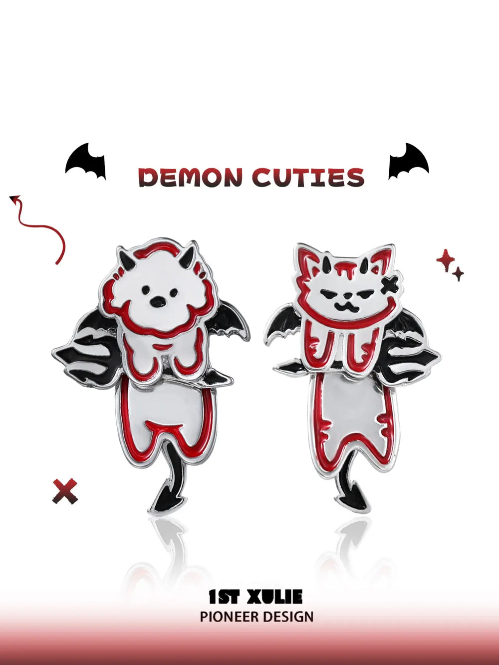 1ST XULIE Jewelry "DEMON CUTIES" Mismatched Devil Pet Studs in Platinum Plated - Texture Detail