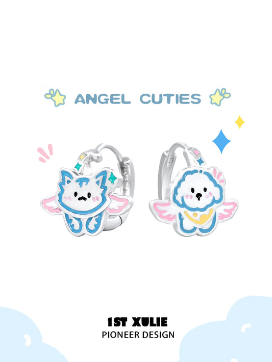 1ST XULIE "Angel Cuties" Mismatched Kitten & Puppy Huggie Hoop Earrings in Platinum Plated - Detail Shot