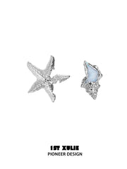 1ST XULIE "ATLANTIS" Mismatched Starfish & Conch Stud Earrings in 925 Sterling Silver - Full Product View