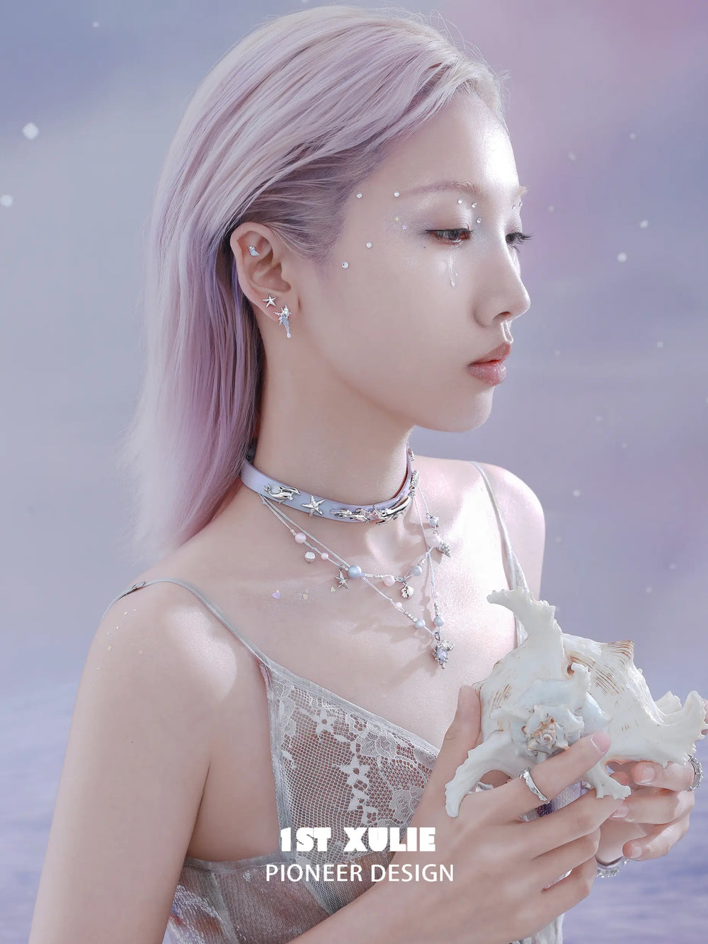 1ST XULIE "ATLANTIS" Mismatched Starfish & Conch Stud Earrings in 925 Sterling Silver - Side View