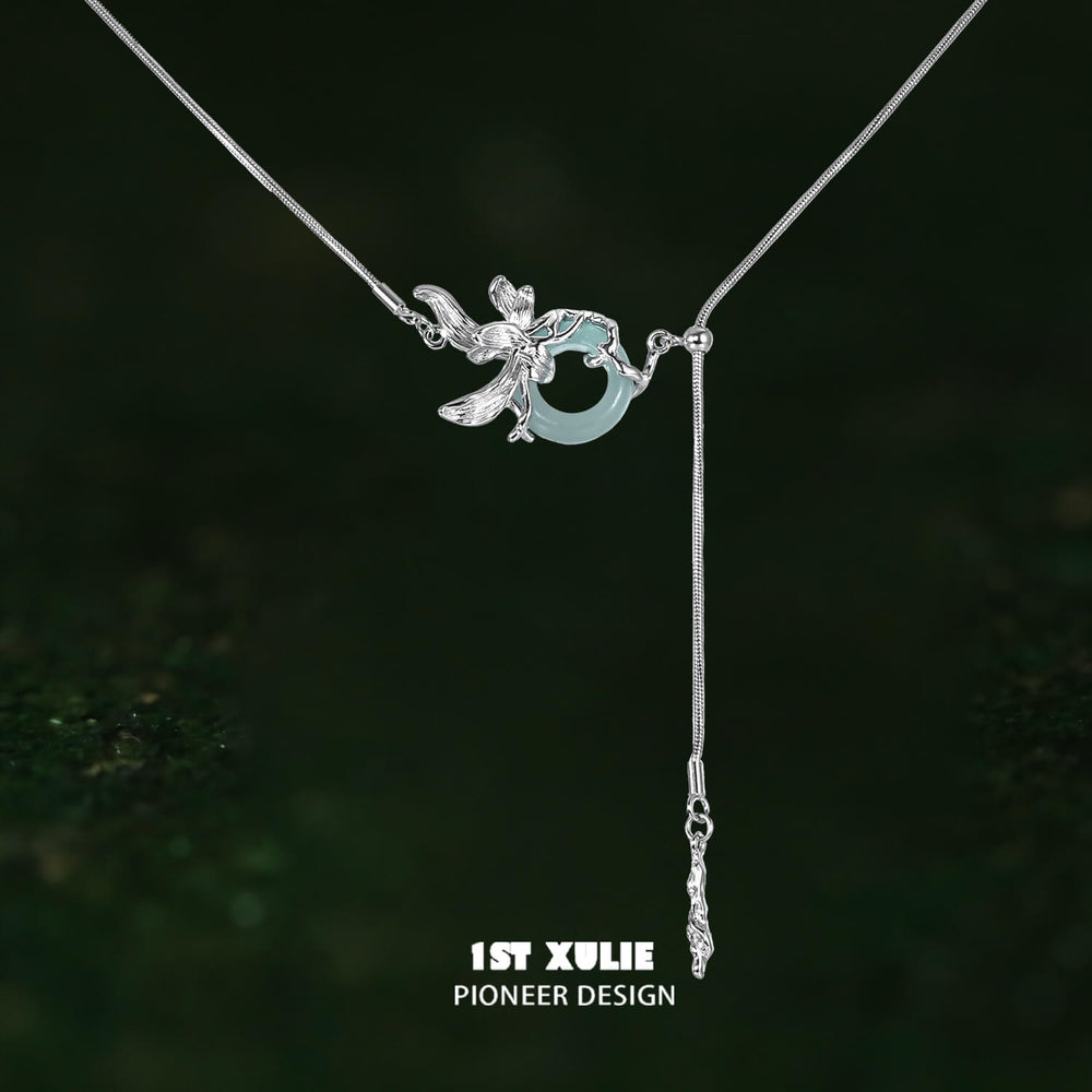 1ST XULIE "Irises" Modern Chain Jade Pendant Necklace in 925 Sterling Silver & Platinum Plated - Side View