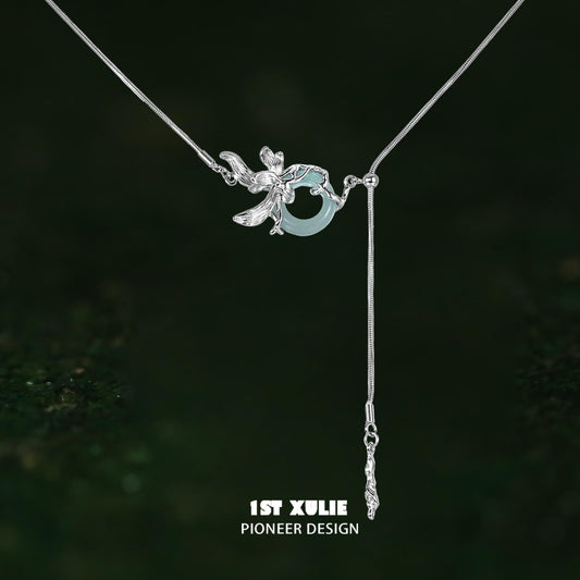 1ST XULIE "Irises" Modern Chain Jade Pendant Necklace in 925 Sterling Silver & Platinum Plated - Side View