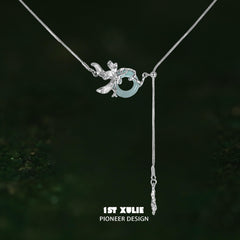 1ST XULIE "Irises" Modern Chain Jade Pendant Necklace in 925 Sterling Silver & Platinum Plated - Side View