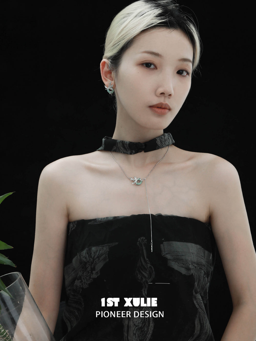 1ST XULIE "Irises" Modern Chain Jade Pendant Necklace in 925 Sterling Silver & Platinum Plated - Lifestyle Shot