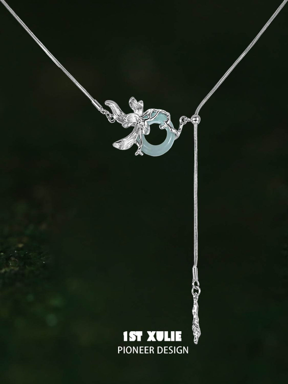 1ST XULIE "Irises" Modern Chain Jade Pendant Necklace in 925 Sterling Silver & Platinum Plated - Product View