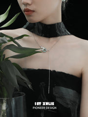 1ST XULIE "Irises" Modern Chain Jade Pendant Necklace in 925 Sterling Silver & Platinum Plated - On Model