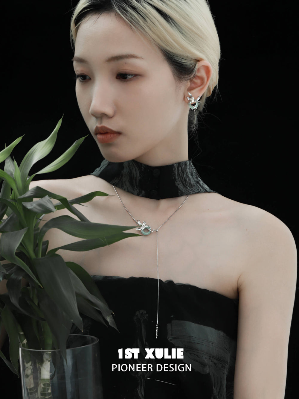 1ST XULIE "Irises" Modern Chain Jade Pendant Necklace in 925 Sterling Silver & Platinum Plated - On Model Close-Up