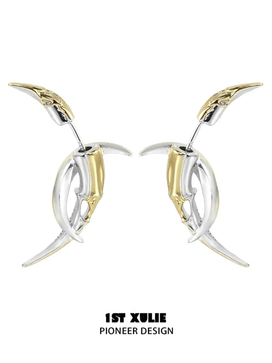 1ST XULIE "MYTH OF THE MOON" Moon Barbed Dangle Earrings in Platinum Plated Brass - Detail Shot of Black Mother-of-Pearl