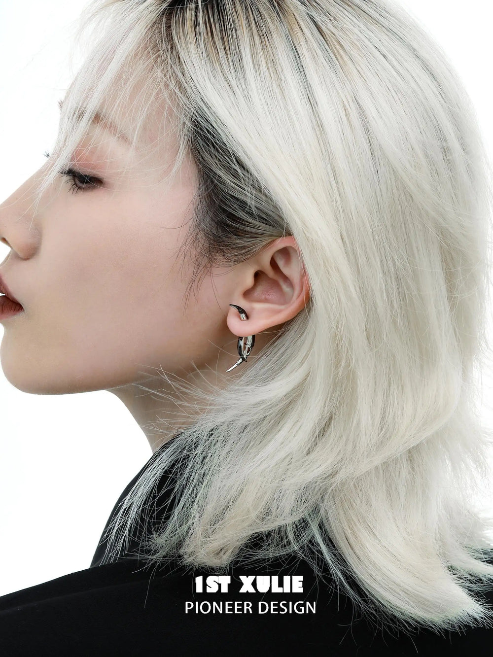 1ST XULIE "MYTH OF THE MOON" Moon Barbed Dangle Earrings in Platinum Plated Brass - On Model Style Shot