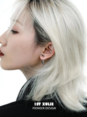 1ST XULIE "MYTH OF THE MOON" Moon Barbed Dangle Earrings in Platinum Plated Brass - On Model Style Shot