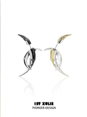 1ST XULIE "MYTH OF THE MOON" Moon Barbed Dangle Earrings in Platinum Plated Brass - On Model Closeup