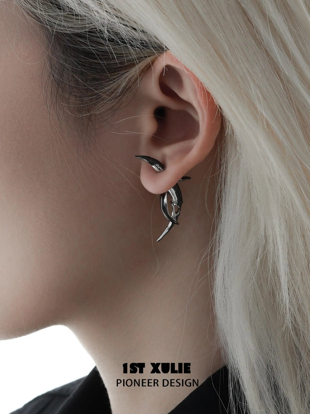 1ST XULIE "MYTH OF THE MOON" Moon Barbed Dangle Earrings in Platinum Plated Brass - Side View