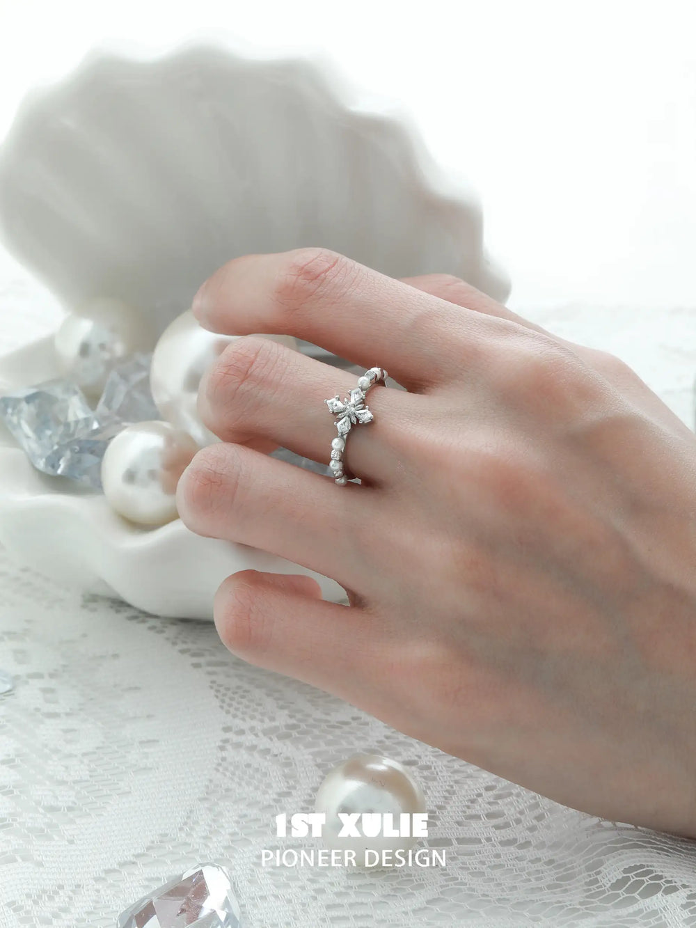 1ST XULIE "Tears of Mermaid" Dainty Mother-of-Pearl Mermaid Tear Ring in 925 Sterling Silver - Lifestyle Shot