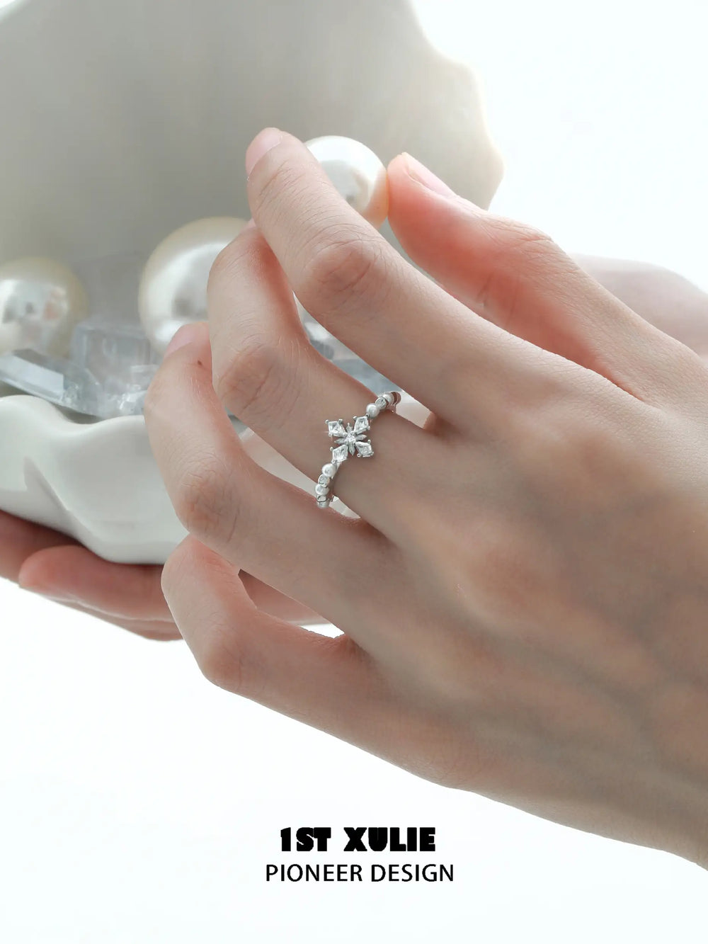 1ST XULIE "Tears of Mermaid" Dainty Mother-of-Pearl Mermaid Tear Ring in 925 Sterling Silver - On Model
