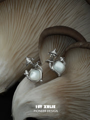 1ST XULIE "Mushroom Story" Dainty Mother-of-Pearl Mushroom Stud Earrings in 925 Sterling Silver - Product View