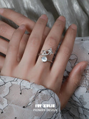 1ST XULIE "Mushroom Story" Whimsical Mushroom Mother of Pearl Open Ring in Platinum Plated 925 Sterling Silver - Detail Shot