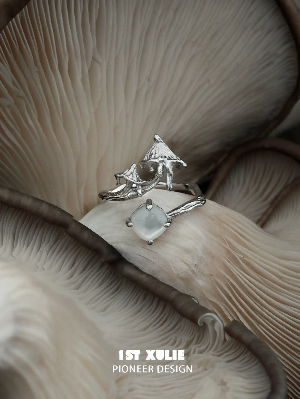 1ST XULIE "Mushroom Story" Whimsical Mushroom Mother of Pearl Open Ring in Platinum Plated 925 Sterling Silver - Lifestyle Shot