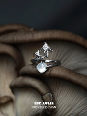 1ST XULIE "Mushroom Story" Whimsical Mushroom Mother of Pearl Open Ring in Platinum Plated 925 Sterling Silver - Product View