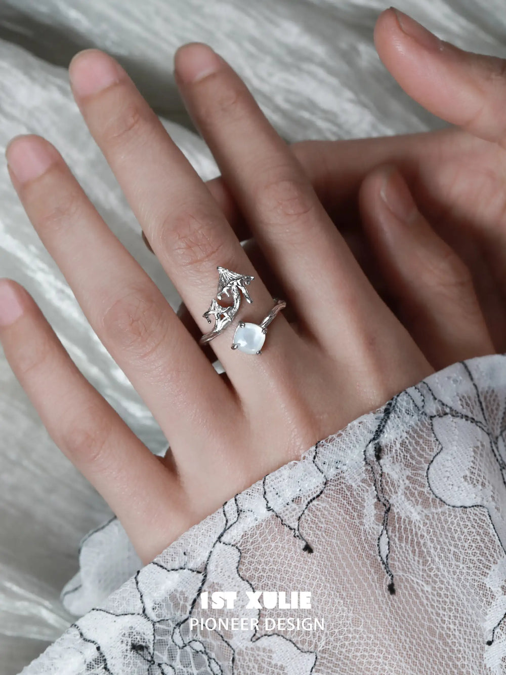 1ST XULIE "Mushroom Story" Whimsical Mushroom Mother of Pearl Open Ring in Platinum Plated 925 Sterling Silver - On Model