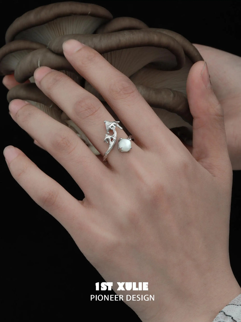 1ST XULIE "Mushroom Story" Whimsical Mushroom Mother of Pearl Open Ring in Platinum Plated 925 Sterling Silver - Side View