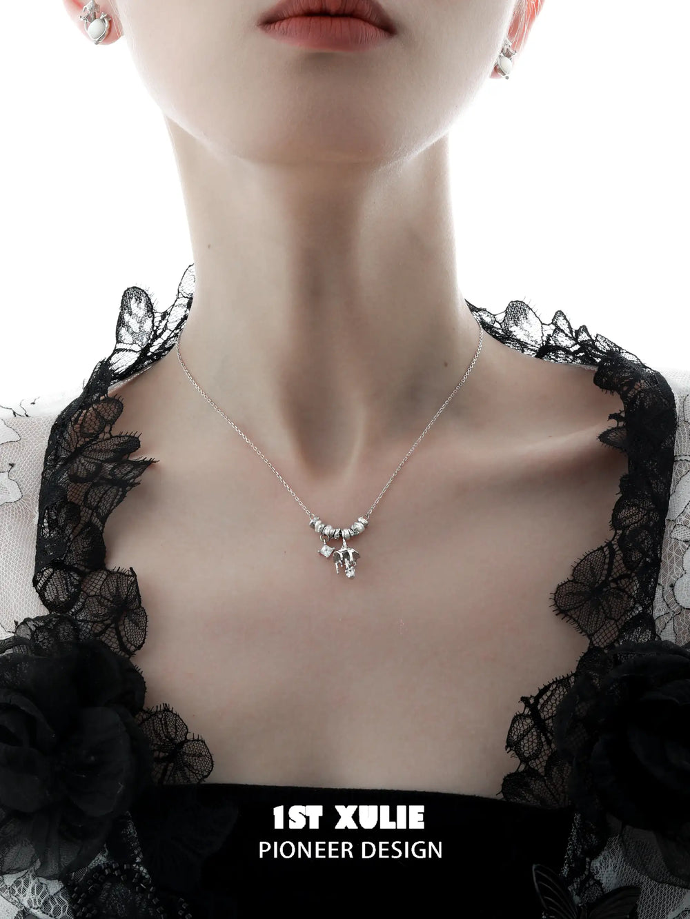 1ST XULIE "Mushroom Story" Whimsical Pearl Pendant Necklace in 925 Sterling Silver - On Model