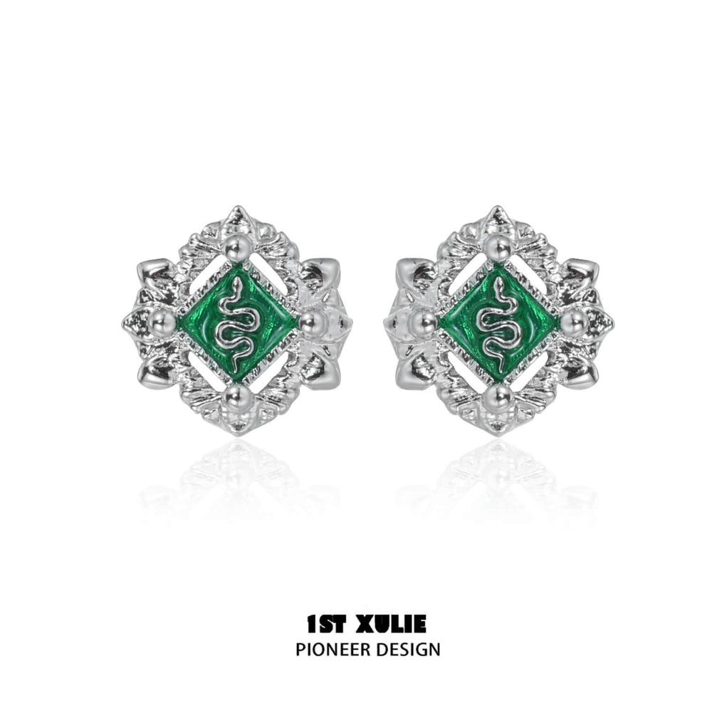 1ST XULIE "Slytherin House" Mystical Slytherin Snake Badge Stud Earrings in 925 Sterling Silver - Detail Shot