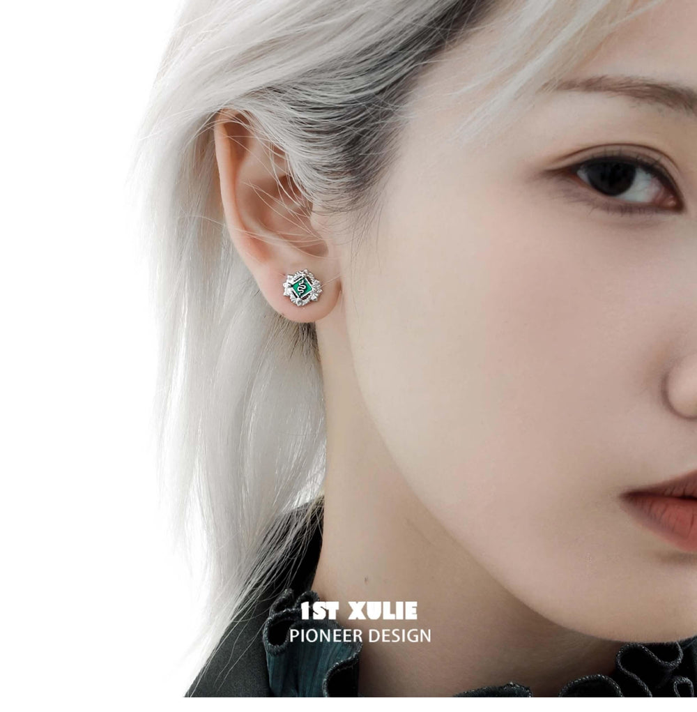 1ST XULIE "Slytherin House" Mystical Slytherin Snake Badge Stud Earrings in 925 Sterling Silver - Lifestyle Shot